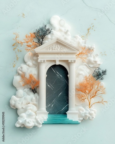 Enchanting Neoclassical marble tableau set in a dreamlike palette of creamy white wispy charcoal and vibrant aquamarine interlaced with glimmering golden tracery and cinematic lighting photo