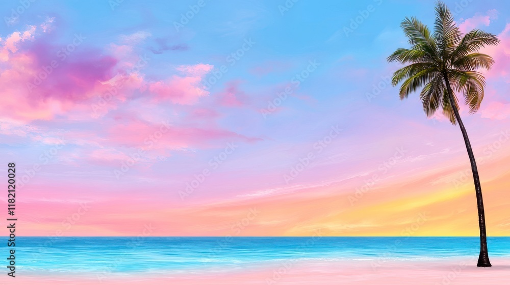 Obraz premium Vibrant Tropical Beach Sunset with Palm Tree and Colorful Sky