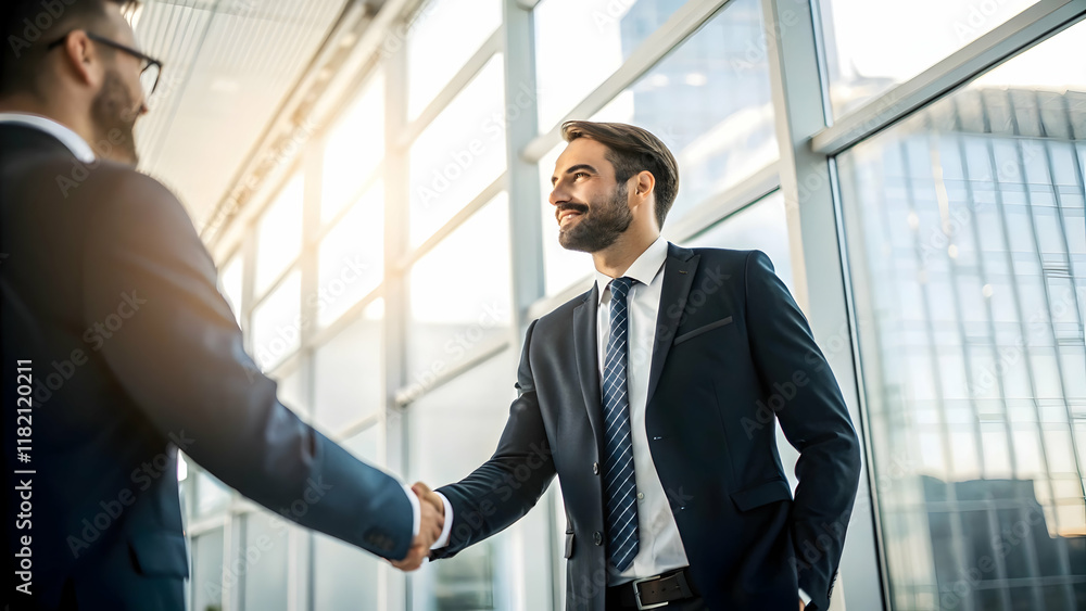 Business Professionals Shaking Hands in Modern Office Setting Business Professionals Shaking Hands in Modern Office Setting