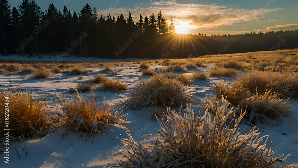 Snowy panoramic landscape at sunrise, frozen bushes, winter snow on the ground. Snowy panoramic landscape at sunrise, frozen bushes, winter snow on the ground.