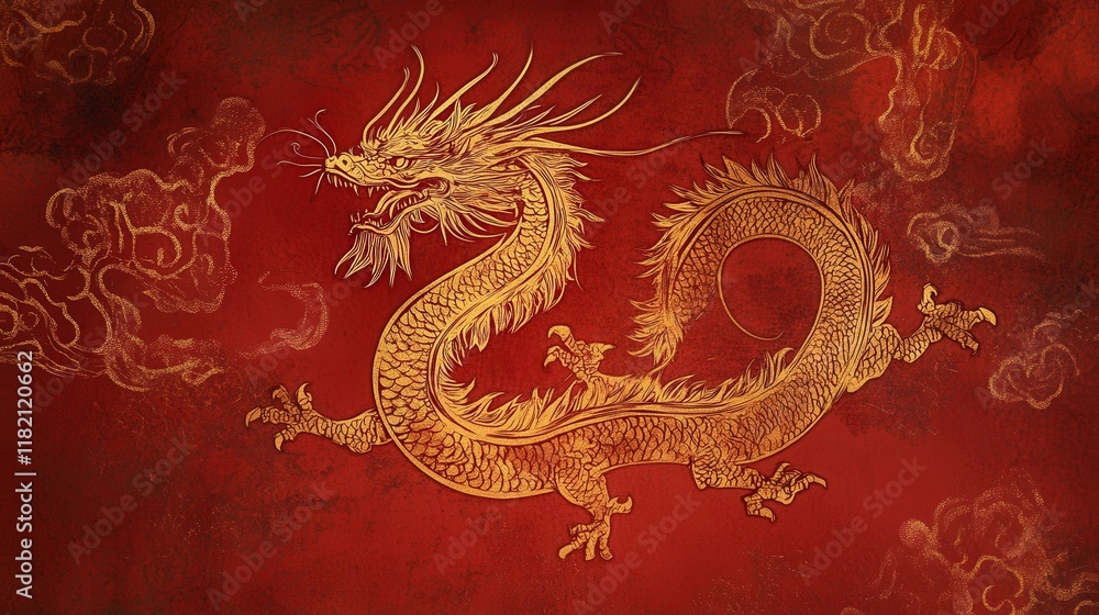 dragon postcard for Chinese New Year, with bold gold outlines of a dragon on a rich red textured background dragon postcard for Chinese New Year, with bold gold outlines of a dragon on a rich red textured background