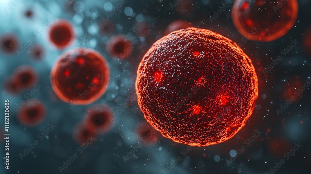Naklejka premium Close-up view of vibrant red cancer cells engaging in a digital setting