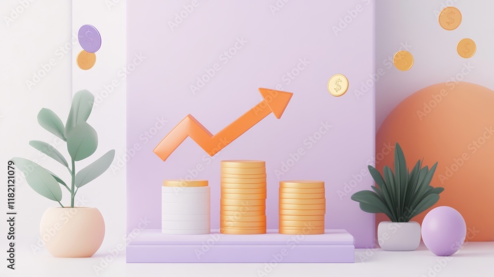 Fototapeta premium Coin stack growth chart with increasing arrow. Finance, capital and money increase concept. 3d vector icon. Cartoon minimal style.