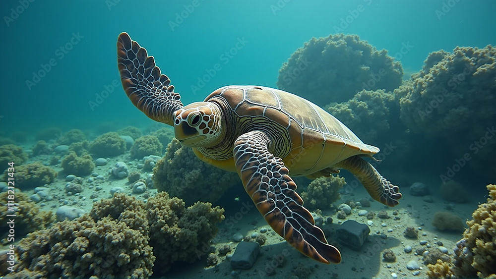 Fototapeta premium Sea Turtle on the Ocean Floor: Struggling in a Sea of Trash