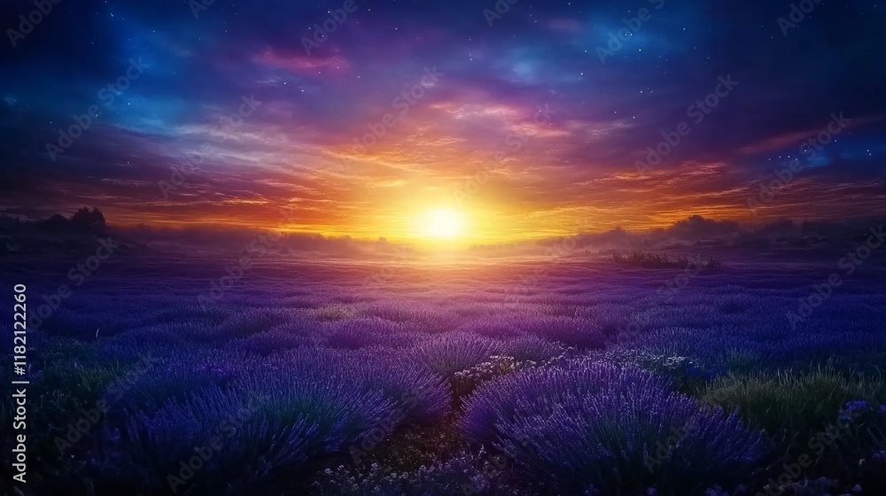 Fototapeta premium Lavender Fields at Magical Sunrise and Twilight Skies
