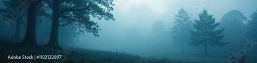 Fog swirls through the forest like a mysterious mist, atmospheric, cold photo