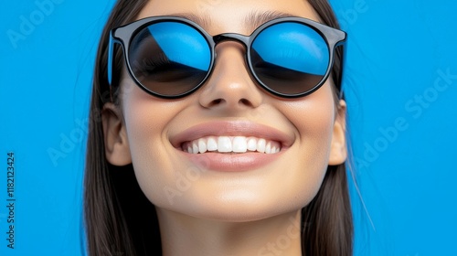 A close-up shot of a woman looking up joyfully with a radiant smile, wearing reflective sunglasses against a bright blue sky, representing the essence of summer fun and chic
