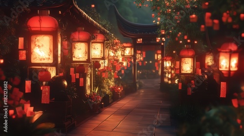 Wallpaper Mural Chinese lanterns illuminating a pathway, surrounded by red envelopes and auspicious decorations Torontodigital.ca