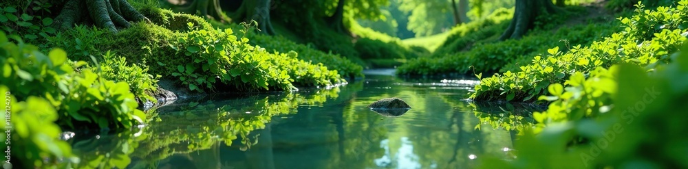 lush greenery surrounding a small tranquil puddle, peaceful, natural lush greenery surrounding a small tranquil puddle, peaceful, natural