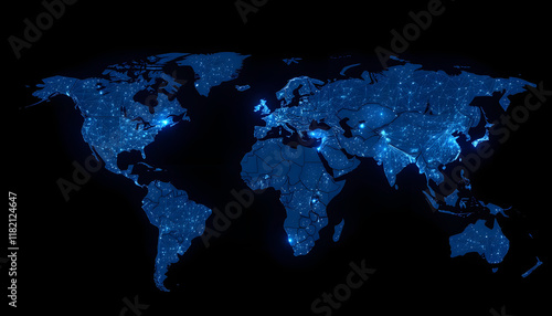 Earth Communications network map of the world. Dark blue background map world global logistics network, Side lit, with white tones