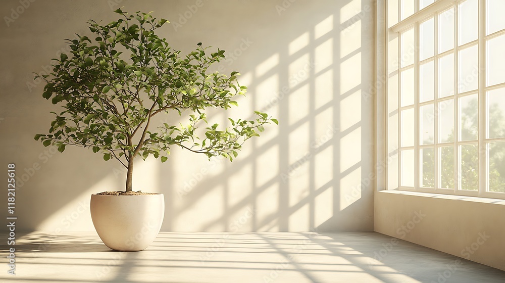 Cultivating indoor greenery potted tree in sunlit modern room Cultivating indoor greenery potted tree in sunlit modern room
