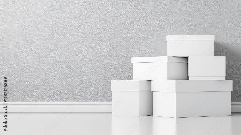 Stacked white boxes against minimalistic gray wall Stacked white boxes against minimalistic gray wall