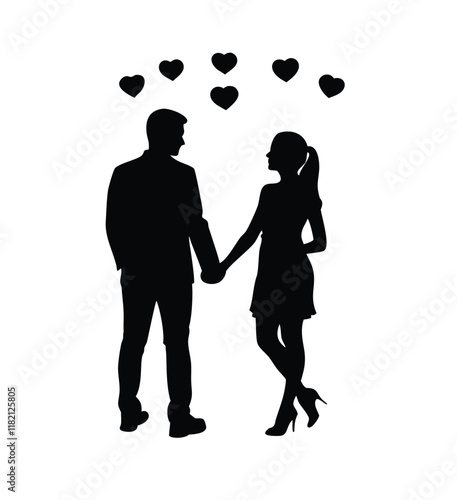 Happy valentine-s day couple proposing silhouette illustration