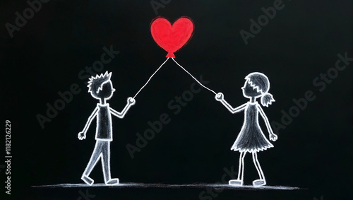 Sweet illustration of children sharing a heart-shaped balloon. Drawn in chalk on a black background. Perfect for Valentine's Day or love themes.