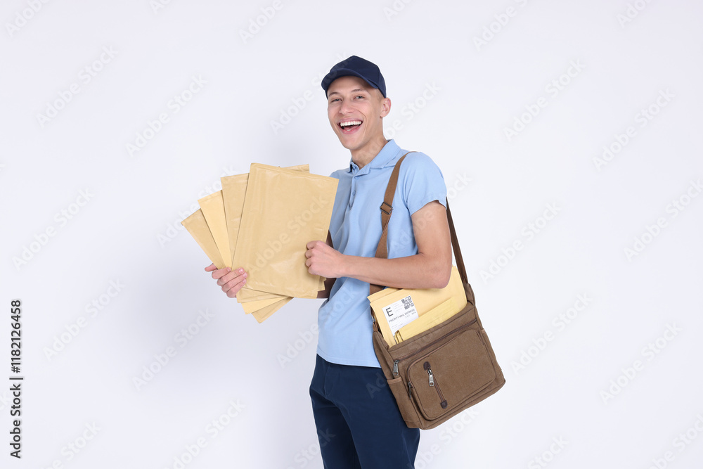 Happy postman with bag and envelopes on white background Happy postman with bag and envelopes on white background