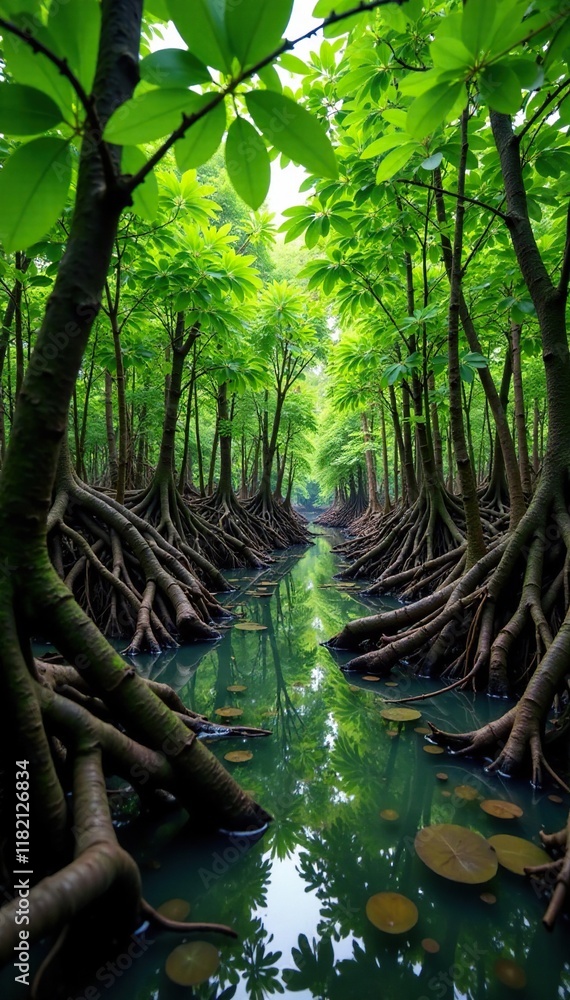 Obraz premium Mangrove forest with tangled roots and branches, natural habitat, forest, tropical vegetation