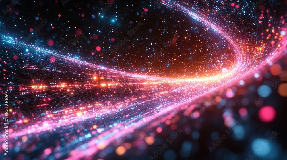 Fototapeta premium Glowing particles swirl in a dynamic, abstract tunnel.