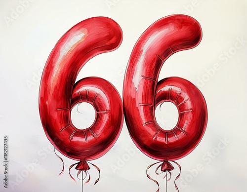 Red birthday / anniversary balloon, number 66, watercolor painting with white background photo