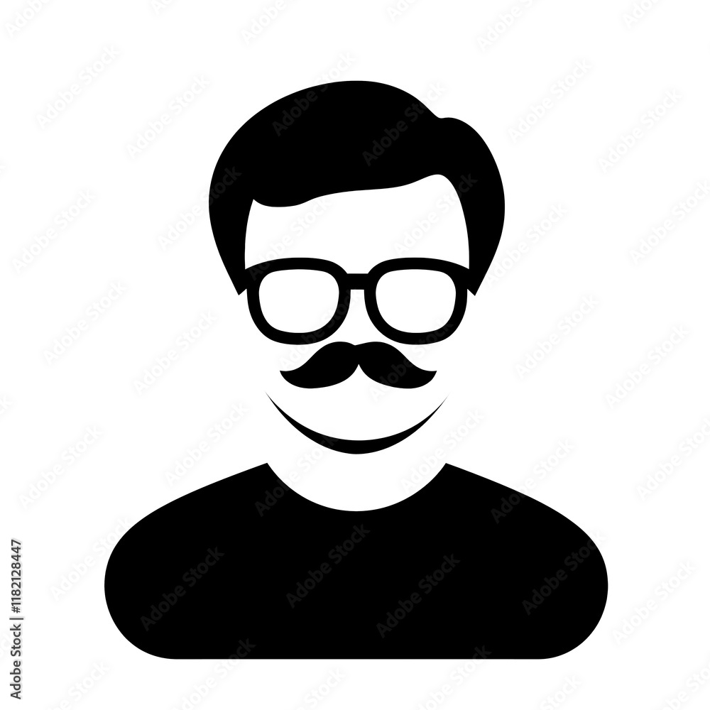 PNG cut out isolated background. A clean, black silhouette icon of a man with glasses and a mustache. PNG cut out isolated background. A clean, black silhouette icon of a man with glasses and a mustache.