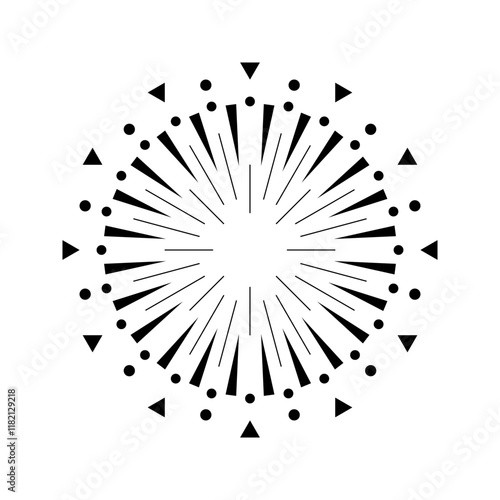 Firework outburst graphic with flare rays. Circular explosion design featuring sparks and radiant lines. Sunlight burst or fireworks inspired icon. Black and white minimalistic concept