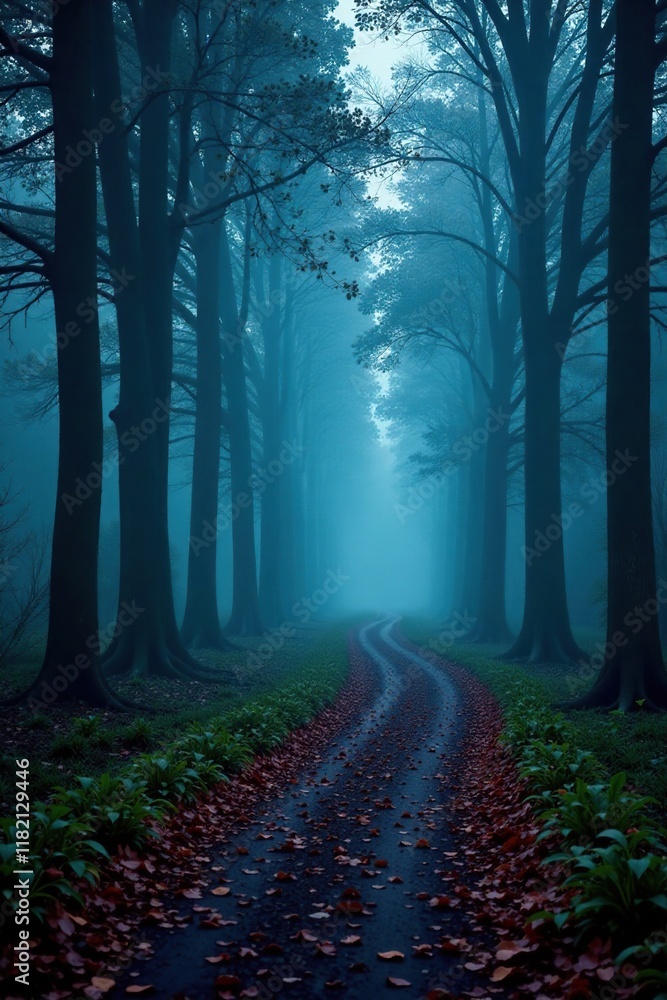 Fototapeta premium Misty forest path winding through towering trees, illuminated by soft blue glow, darkness, pathway, autumn leaves