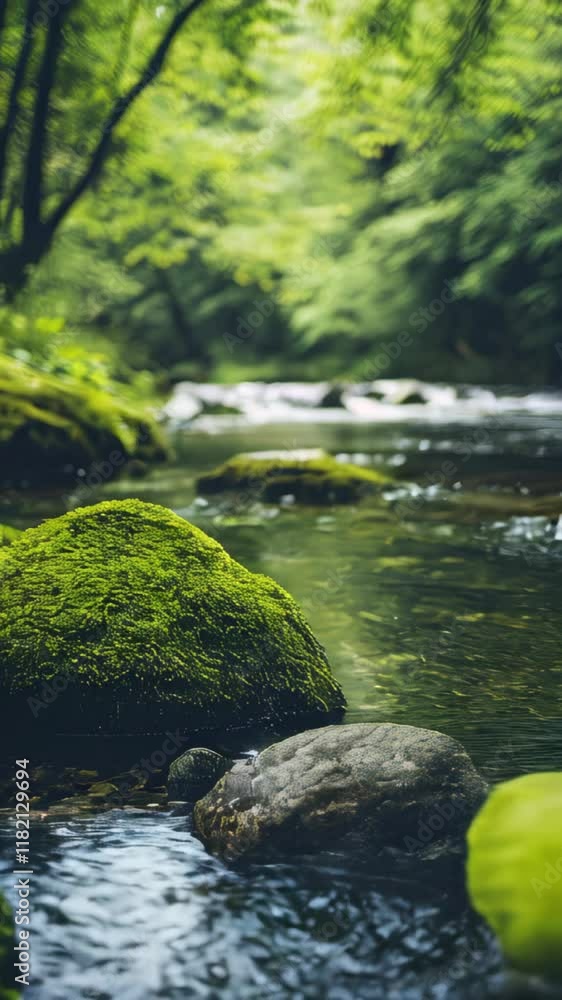 Exploring a serene riverbank surrounded by lush greenery and mossy rocks Exploring a serene riverbank surrounded by lush greenery and mossy rocks