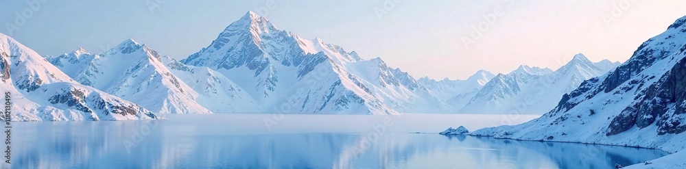 Obraz premium Monte Rosa mountain range in snow-covered haze, frozen lake, alpine peaks, nature