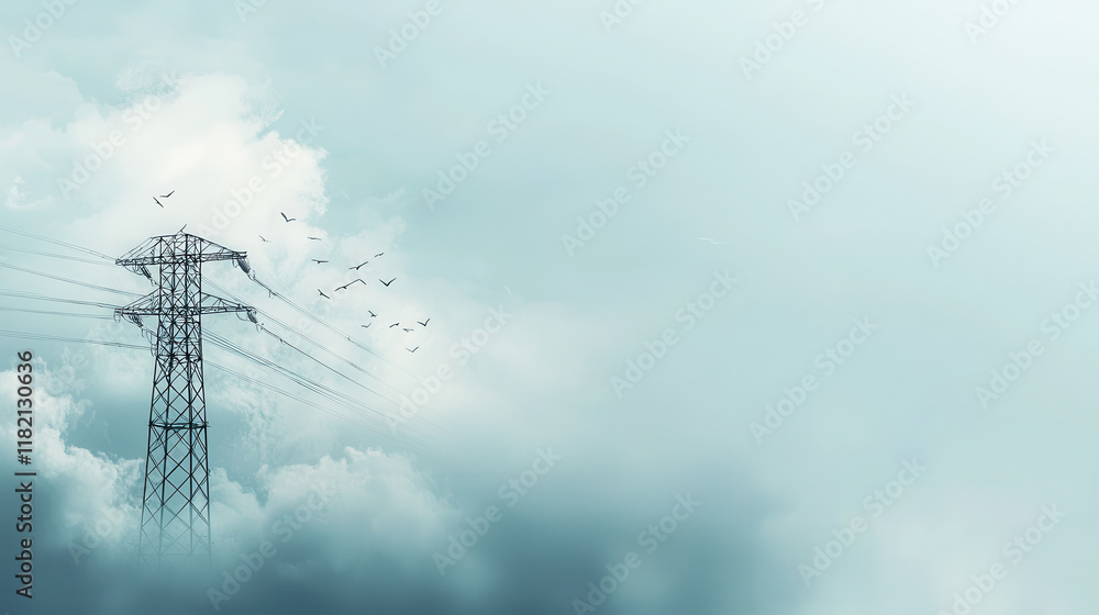 serene view of power line tower amidst soft clouds and flying birds, symbolizing connectivity and nature harmony serene view of power line tower amidst soft clouds and flying birds, symbolizing connectivity and nature harmony