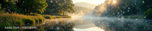 Morning mist rising from the Water of Leith valley, morning, gently photo