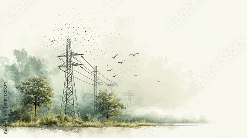 serene landscape featuring power lines amidst trees and birds in flight, symbolizing connectivity and nature harmony
