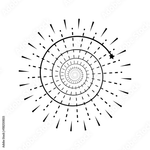 Firework flare with radiant circular rays. Outburst explosion and spark outbreak inspired by sunrays. Black isolated minimalist icon on white background