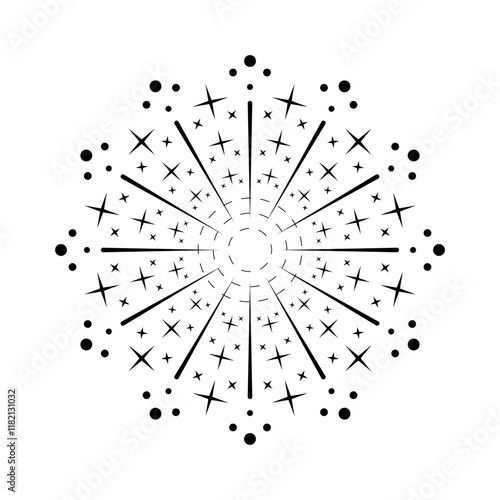Sunburst element with radiant firework sparkle. Circular explosion design with flaring sparks. Firecracker outbreak icon in a simple black and white isolated format