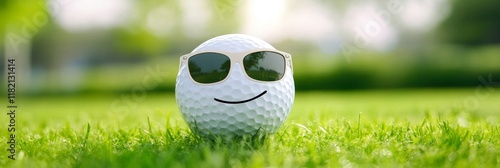 Happy Golf Ball Sunglasses in Grass - A smiling golf ball wearing sunglasses rests on a vibrant green grass field. Symbolizing joy, leisure, summer fun, relaxation, and sport.