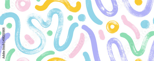 Pastel colored wavy and squiggle seamless pattern with dots and circles. Brush drawn abstract bold thick doodle lines. Simple childish scribble wrapping paper. Abstract modern fluid dynamic waves.