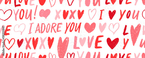 Valentine's day holiday backdrop texture with crayon drawn hearts and romantic phrases.