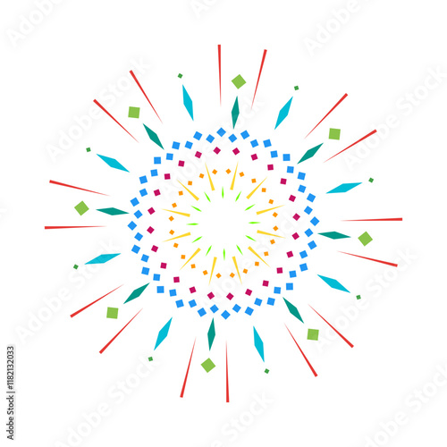 Firecracker inspired colorful flare with spark rays. Radiant explosion design featuring a vibrant sunburst. Abstract graphic isolated on a white background