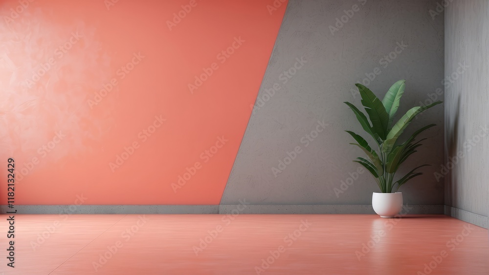 Modern and minimalist room, gray floor and concrete with Coral wall background Modern and minimalist room, gray floor and concrete with Coral wall background