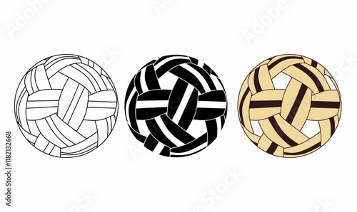 Set of sepak takraw ball icons in three styles: outline, solid black, and classic woven pattern. Ideal for sports graphics, traditional games, or cultural themes