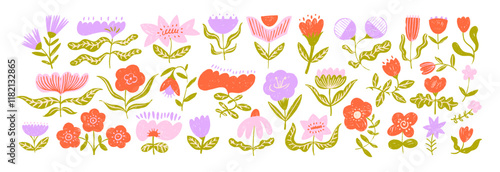 Colorful childish crayon drawn doodle flowers collection. Pencil drawn graphic cute flowers icons. Happy Easter. folk style botanical elements. Freehand cute kid scribbles, funny children art style.