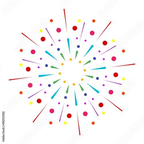 Bright firework explosion with colorful sparkle rays. Radiant outburst flare featuring abstract sunburst design. Isolated graphic on a clean white background