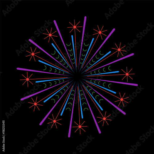 Bright fireworks outburst with vivid sparkle rays. Abstract light explosion inspired by sunrays. Vibrant banger icon on black background with circular flare design