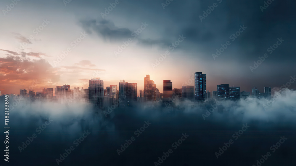 Fototapeta premium modern urban skyline emerges from fog, showcasing energy efficient buildings at sunset. scene evokes sense of tranquility and innovation