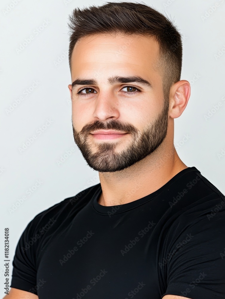Man with Short Hair and Beard - Confident, handsome man, short hair, stylish beard, black shirt, portrait. Symbolizes: strength, style, success, masculinity, charm. Man with Short Hair and Beard - Confident, handsome man, short hair, stylish beard, black shirt, portrait. Symbolizes: strength, style, success, masculinity, charm.