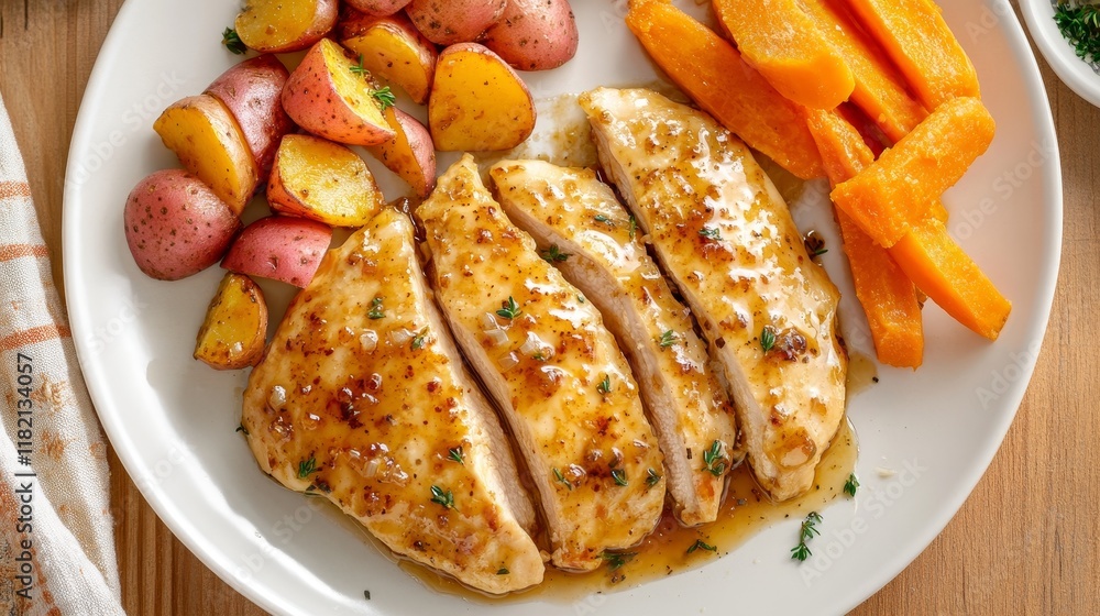 Maple Glazed Chicken Breast with Roasted Potatoes and Sweet Potatoes - Delicious maple glazed chicken breast, sliced and served with roasted red potatoes and sweet potato fries. A comforting, savory, Maple Glazed Chicken Breast with Roasted Potatoes and Sweet Potatoes - Delicious maple glazed chicken breast, sliced and served with roasted red potatoes and sweet potato fries. A comforting, savory,