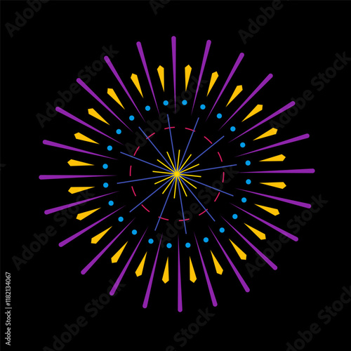 Colorful banger flare with radiant sunrays. Firecracker spark outburst design showing light explosion. Abstract fireworks inspired burst graphic on dark backdrop