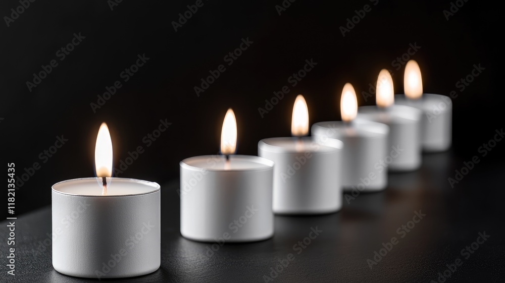 Six lit candles in white holders aligned row on dark background Six lit candles in white holders aligned row on dark background