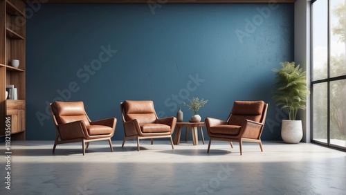 Modern mid century, leather armchairs wood cabinet on Slate Blue wall and white floor