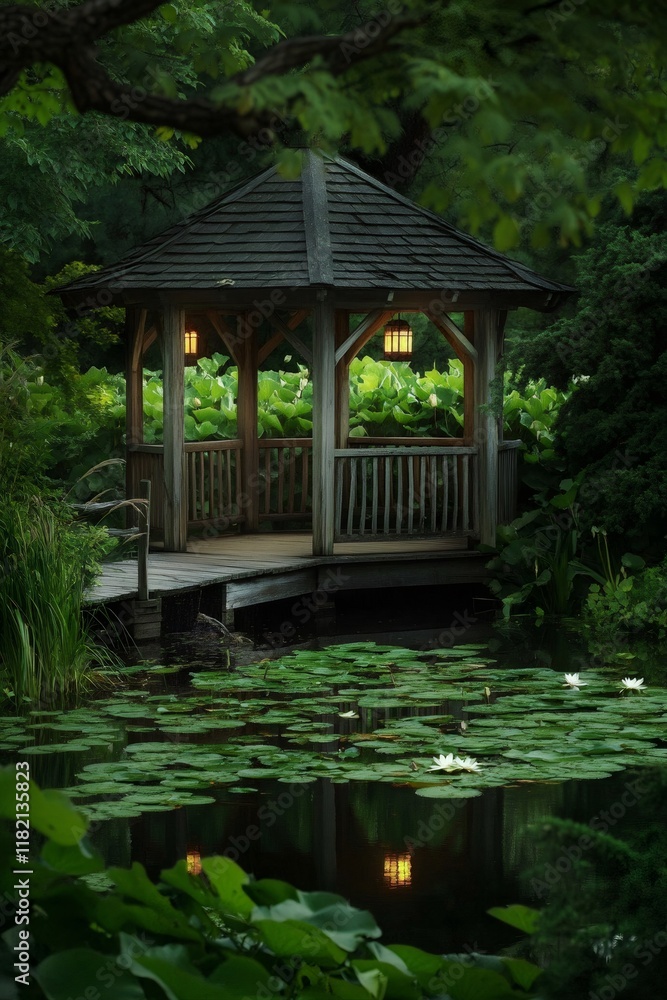 Obraz premium Wooden gazebo mirroring over lily-covered pond, soft twilight glow casting serene reflections across calm water surface