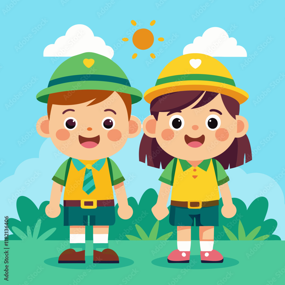 Cute Cartoon Children as Boy and Girl Scouts in Colorful Uniforms – Adorable Kids Adventure Illustration Cute Cartoon Children as Boy and Girl Scouts in Colorful Uniforms – Adorable Kids Adventure Illustration