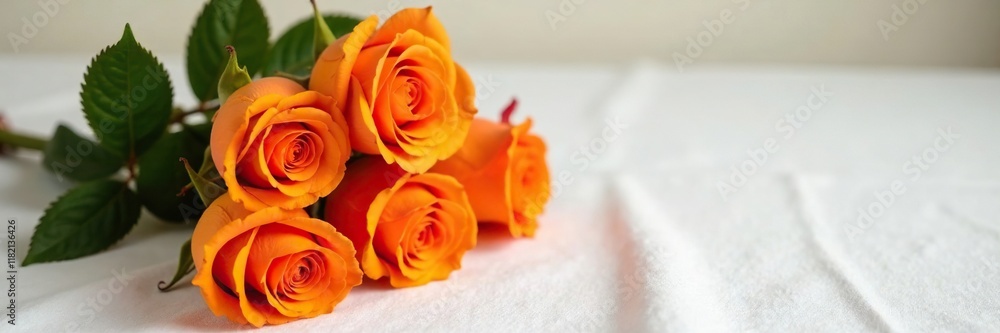Orange roses stacked high on a simple white tablecloth, fabric, orange Orange roses stacked high on a simple white tablecloth, fabric, orange